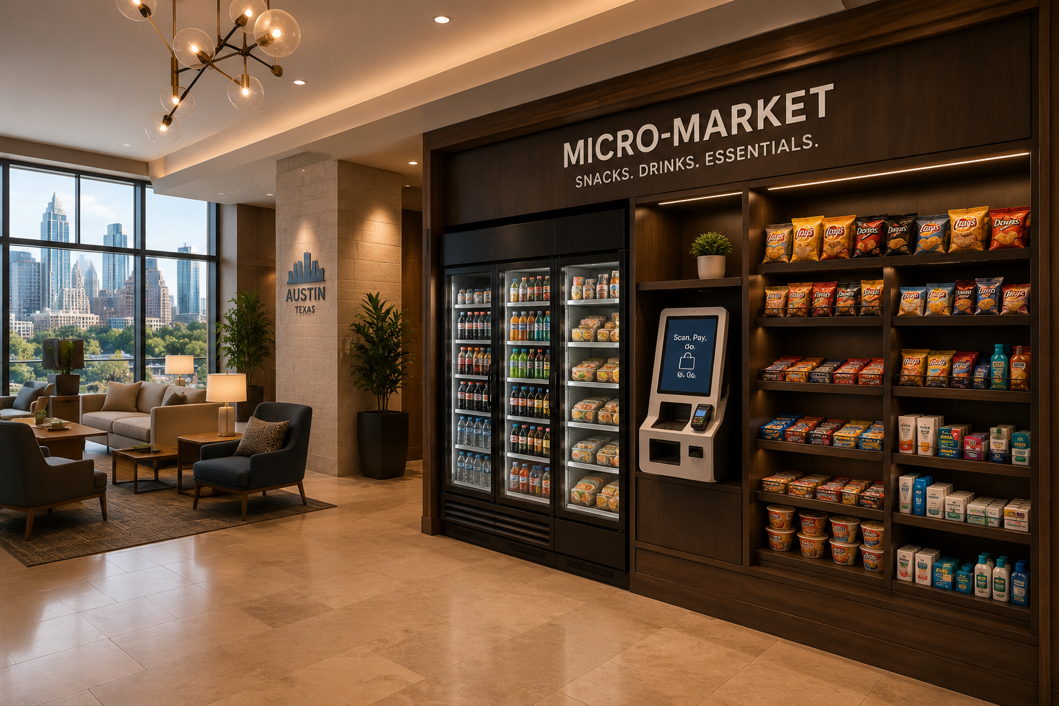 Hotel lobby micro market with open shelving and self-checkout kiosk