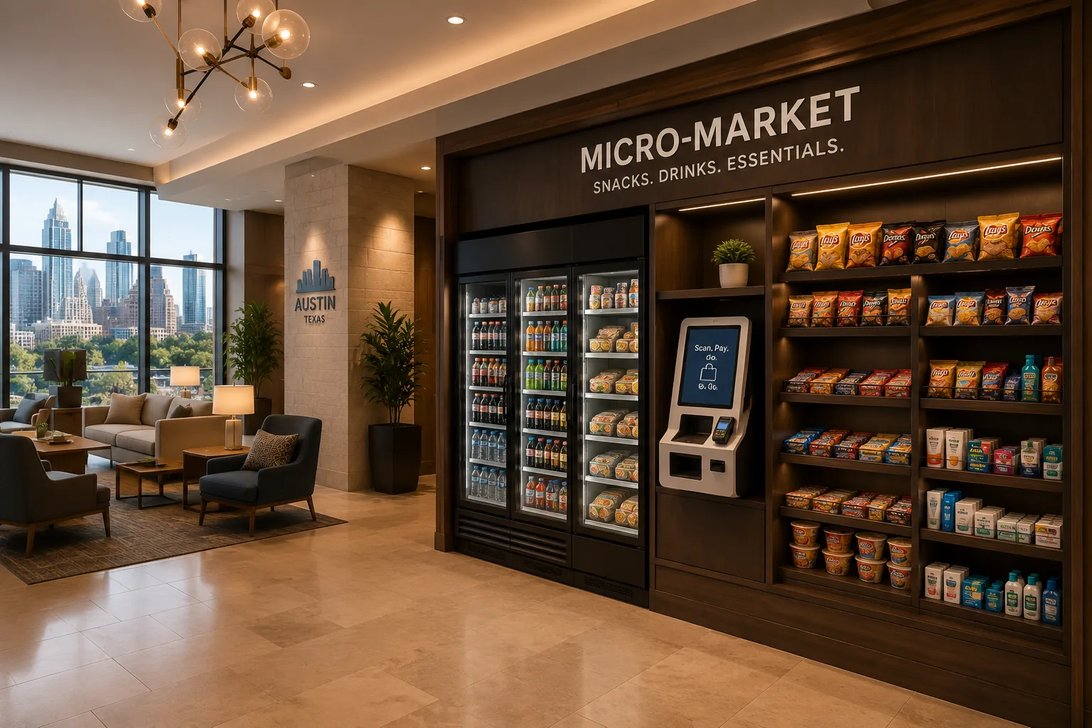Hotel lobby micro market with open shelving and self-checkout kiosk