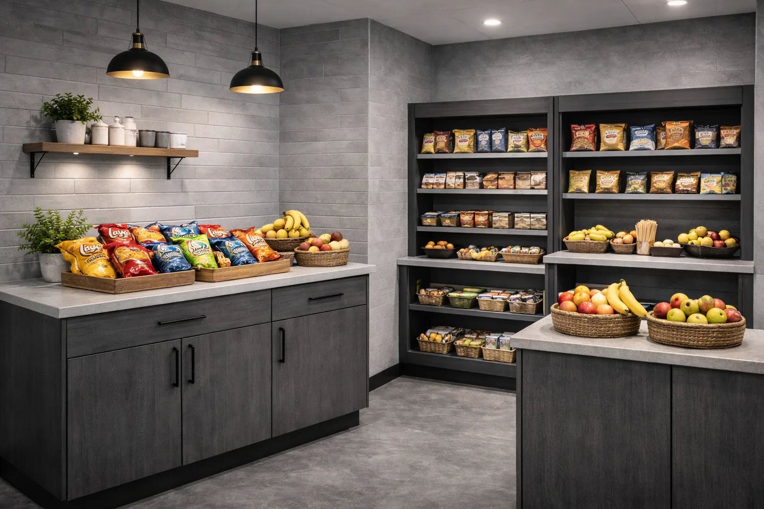 Organized office pantry with employer-provided snacks, drinks, and fresh options