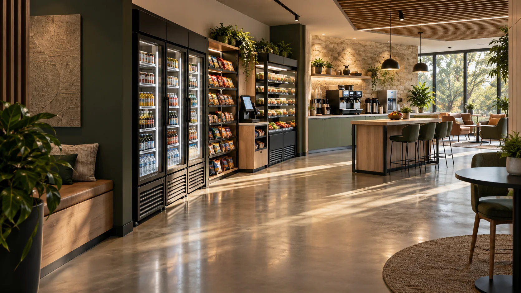 Contemporary Austin office breakroom with micro market coolers, open shelving, coffee, and collaborative seating