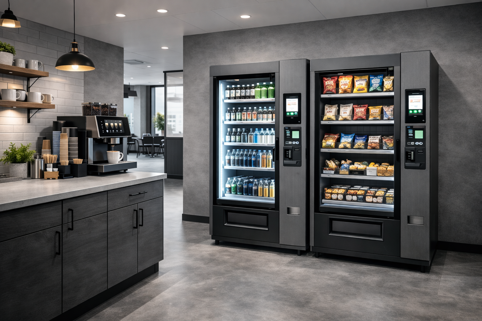 Office vending machines with snacks and drinks