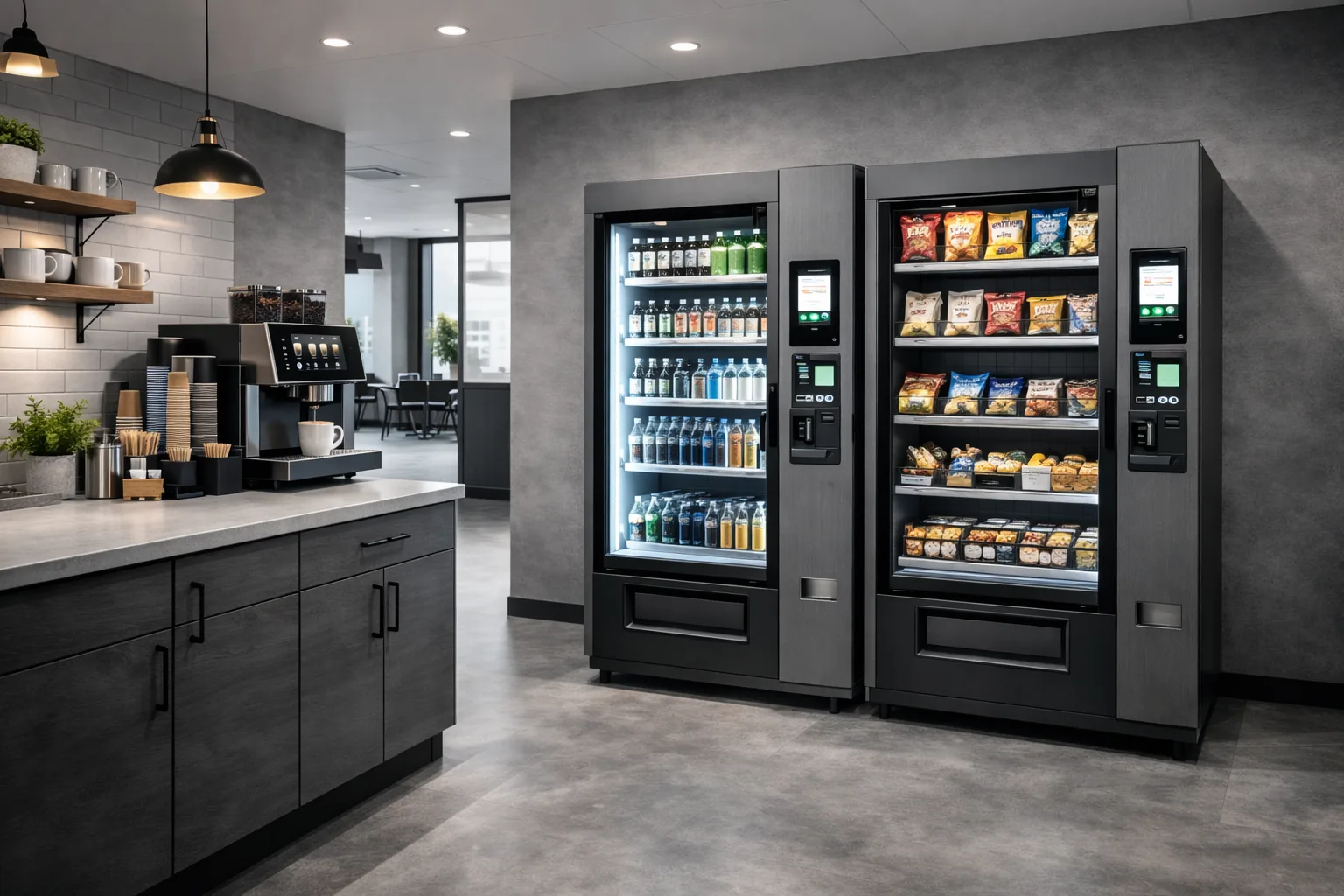 High-capacity snack and beverage vending machines suitable for an Austin warehouse breakroom