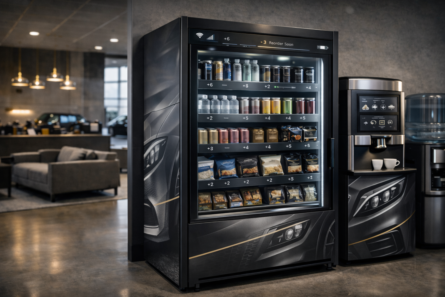 Dealership employee break area with vending and pantry support